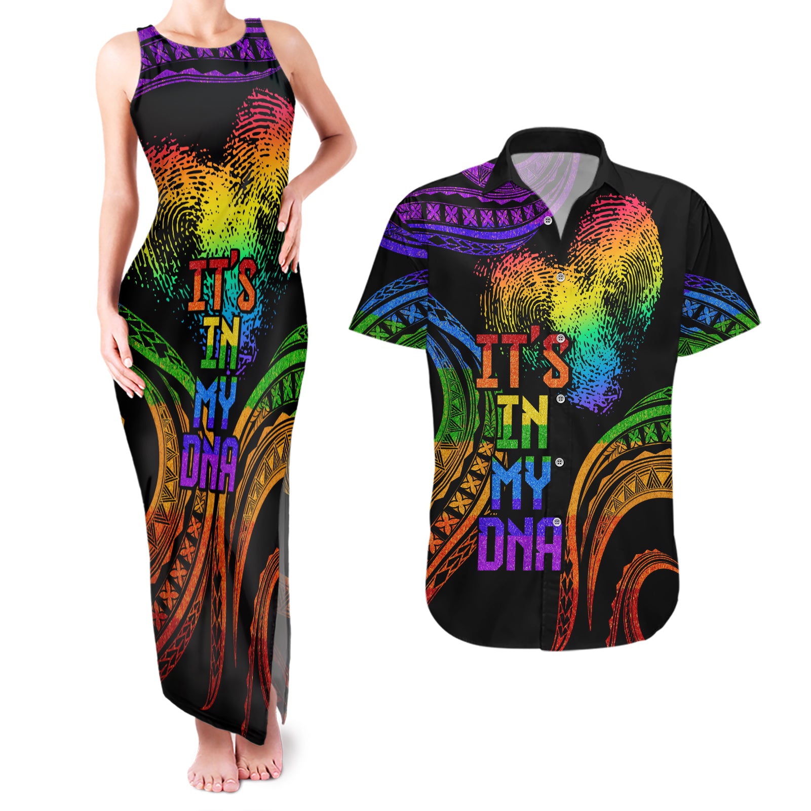 Personalised Its In My DNA Valentine Day Couples Matching Tank Maxi Dress and Hawaiian Shirt Fingerprint Heart with Color Pride Flag LT9 - Polynesian Pride