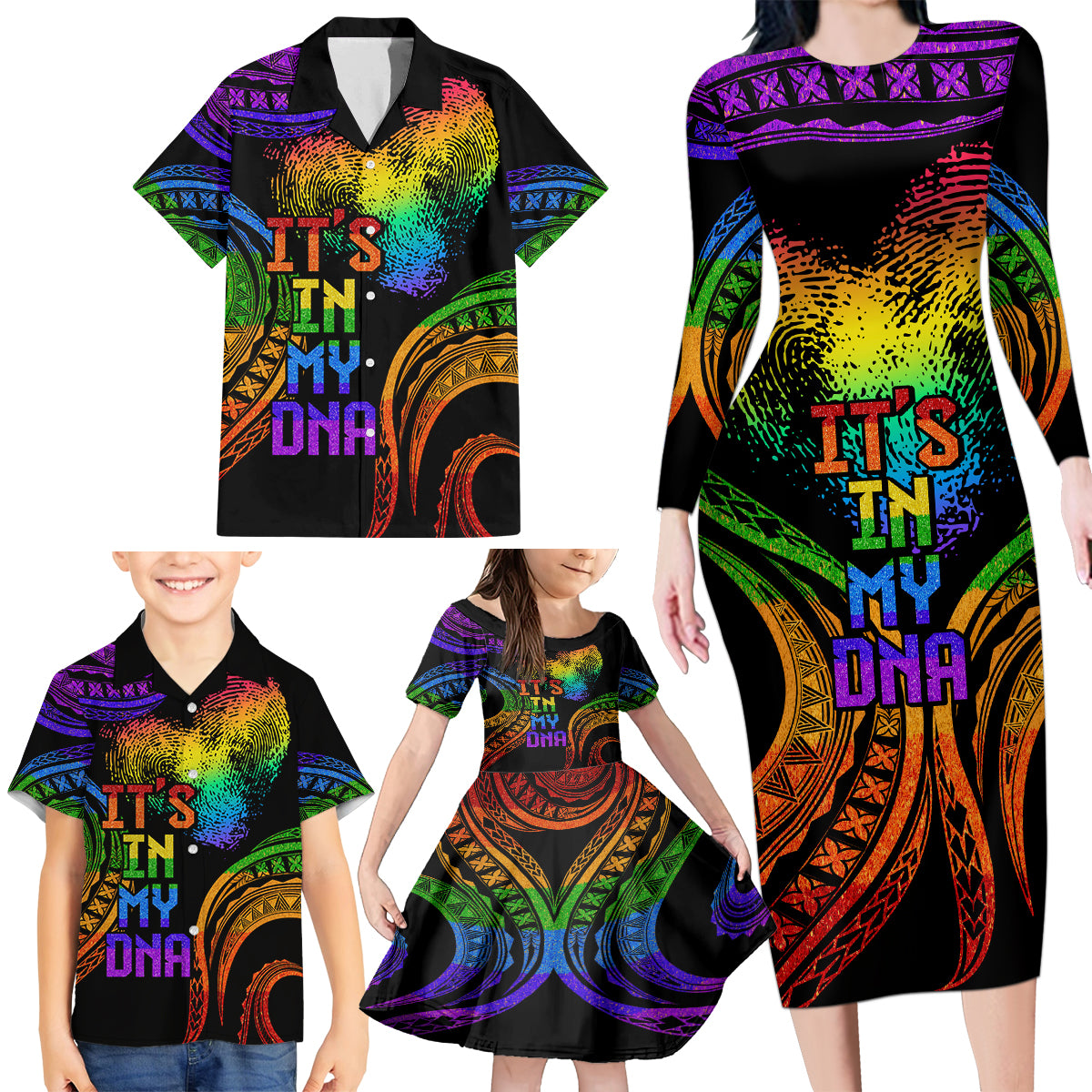 Personalised Its In My DNA Valentine Day Family Matching Long Sleeve Bodycon Dress and Hawaiian Shirt Fingerprint Heart with Color Pride Flag LT9 - Polynesian Pride