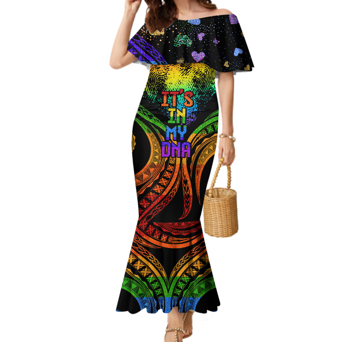 Personalised Its In My DNA Valentine Day Family Matching Mermaid Dress and Hawaiian Shirt Fingerprint Heart with Color Pride Flag LT9 Mom's Dress - Polynesian Pride