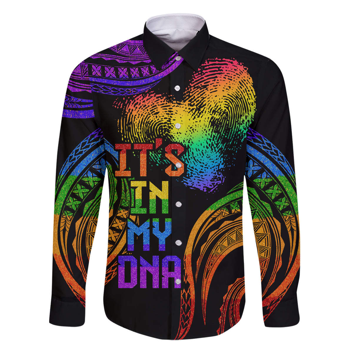 Personalised Its In My DNA Valentine Day Family Matching Off Shoulder Maxi Dress and Hawaiian Shirt Fingerprint Heart with Color Pride Flag LT9 Dad's Shirt - Long Sleeve - Polynesian Pride