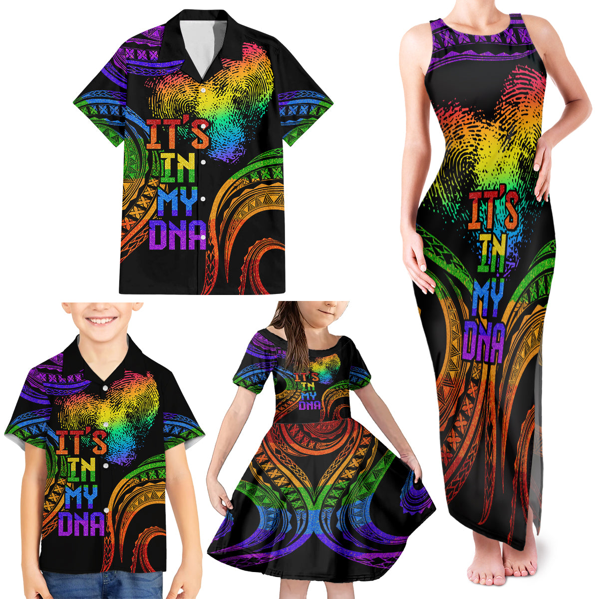 Personalised Its In My DNA Valentine Day Family Matching Tank Maxi Dress and Hawaiian Shirt Fingerprint Heart with Color Pride Flag LT9 - Polynesian Pride