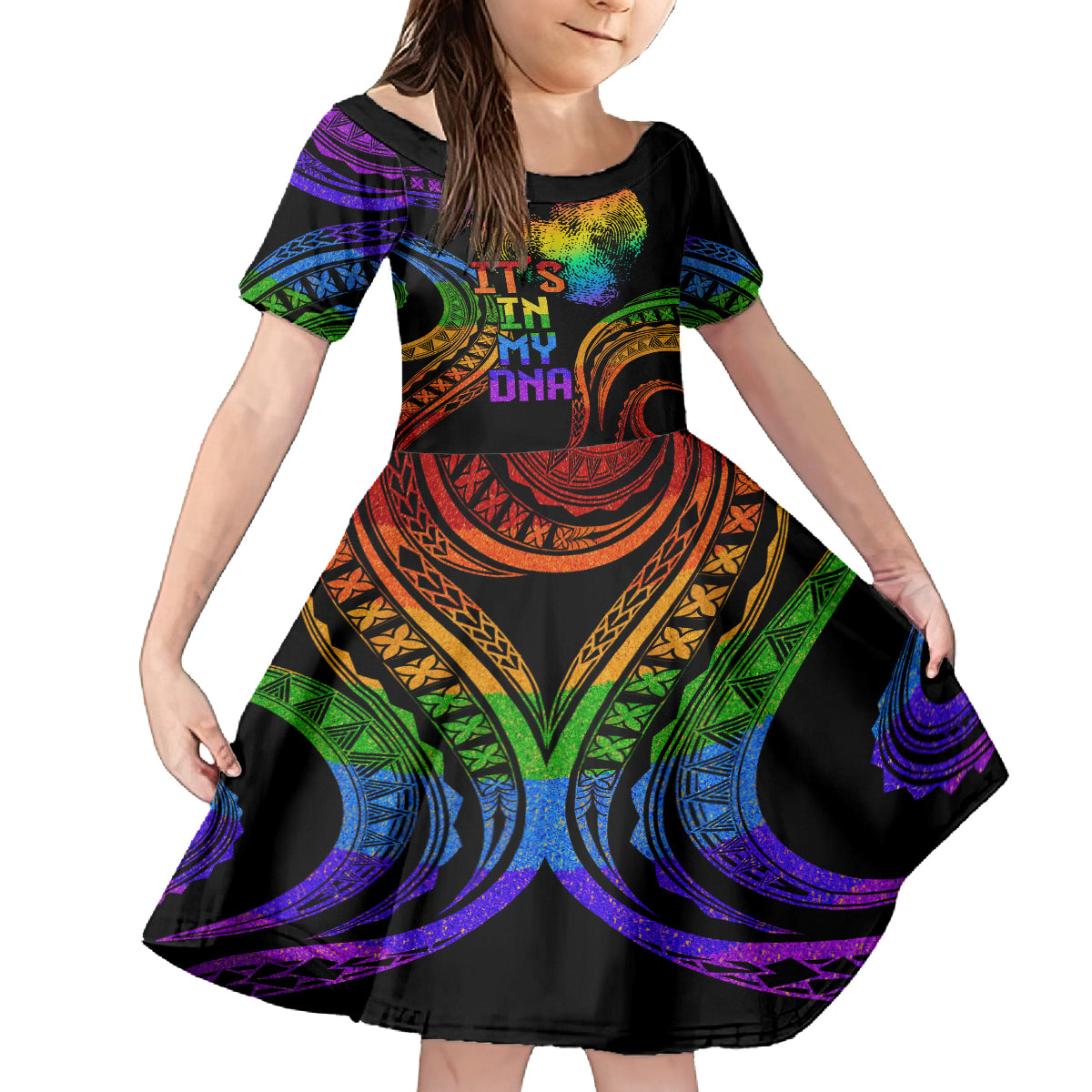 Personalised Its In My DNA Valentine Day Kid Short Sleeve Dress Fingerprint Heart with Color Pride Flag LT9 KID - Polynesian Pride