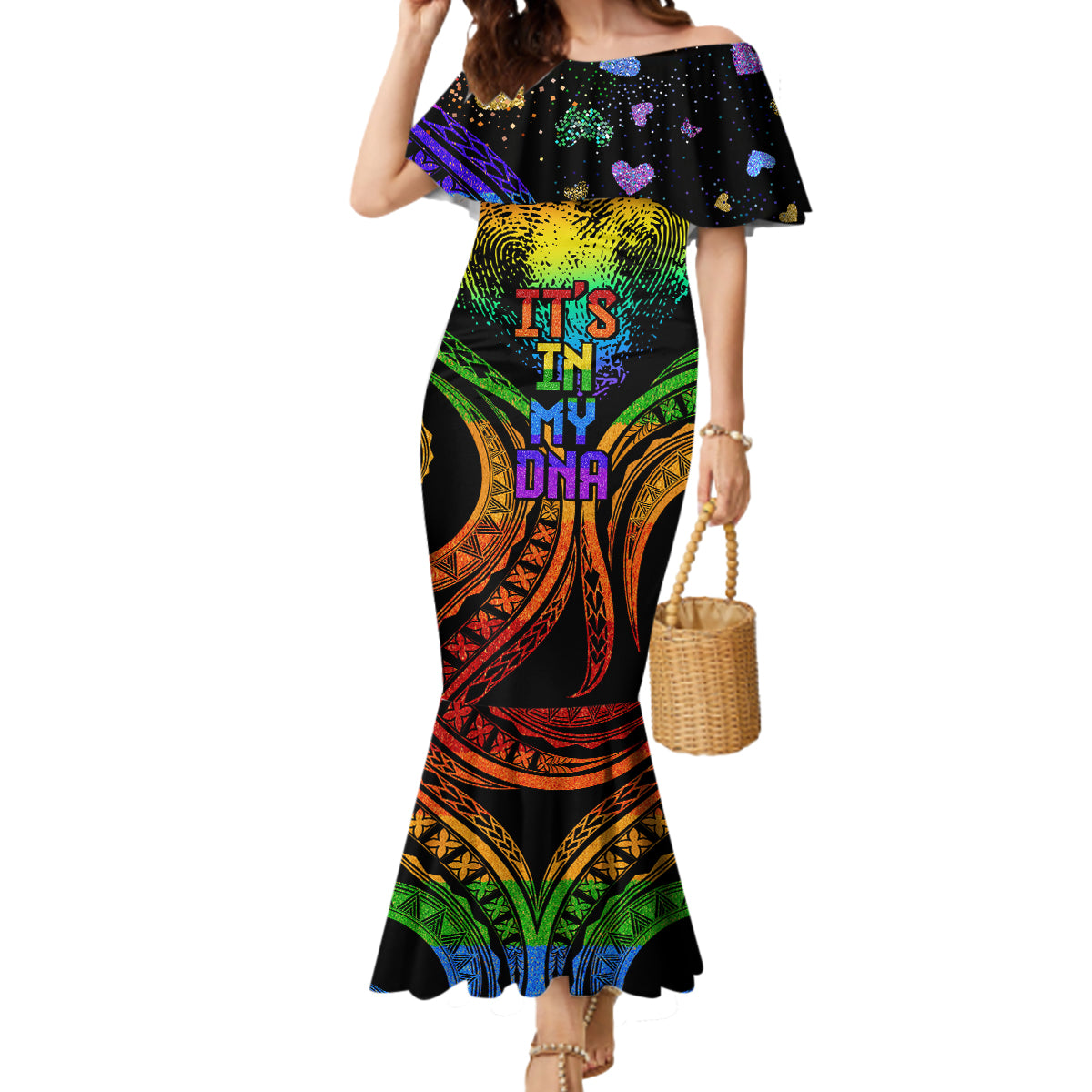 Personalised Its In My DNA Valentine Day Mermaid Dress Fingerprint Heart with Color Pride Flag LT9 Women - Polynesian Pride