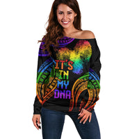 Personalised Its In My DNA Valentine Day Off Shoulder Sweater Fingerprint Heart with Color Pride Flag LT9 Women - Polynesian Pride