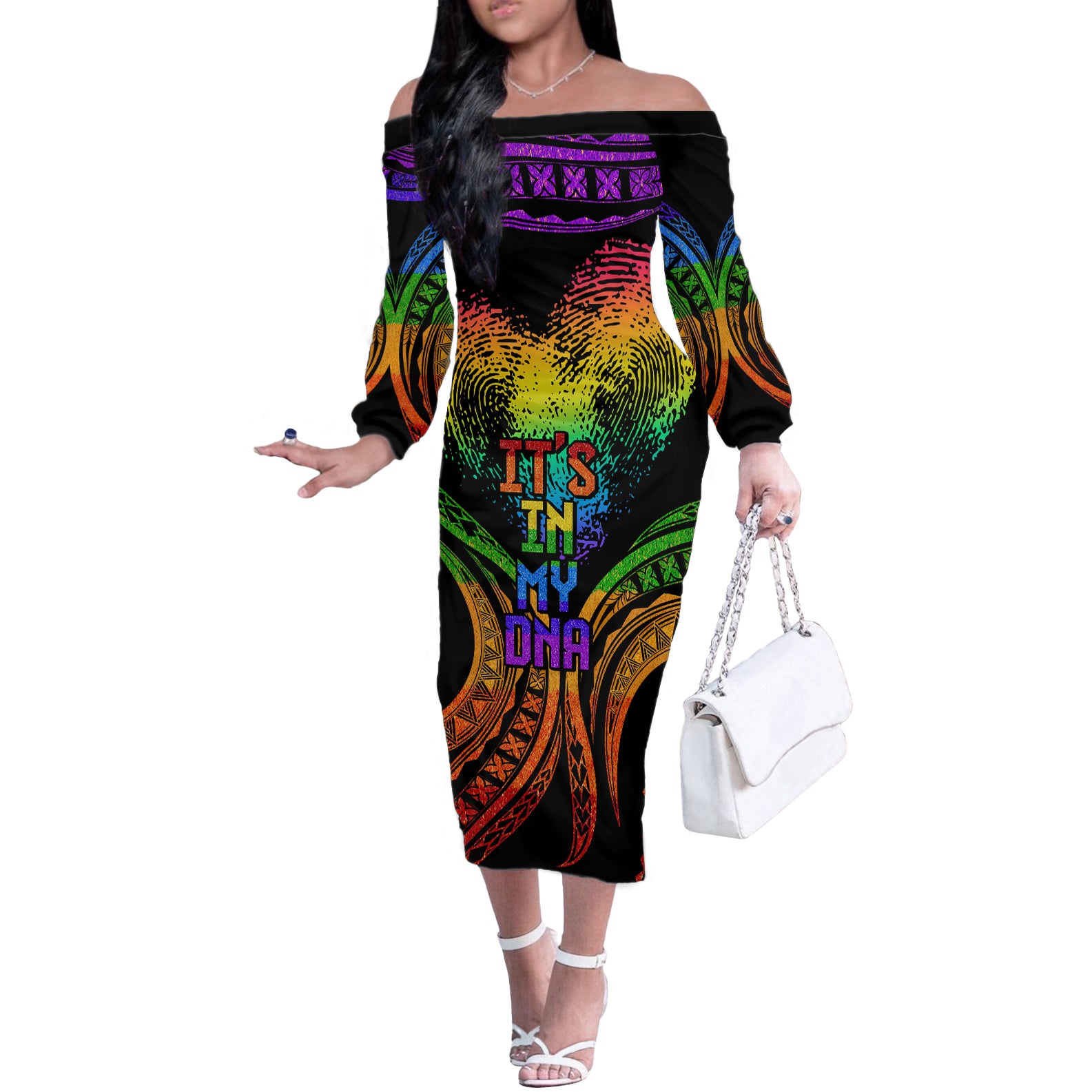 Personalised Its In My DNA Valentine Day Off The Shoulder Long Sleeve Dress Fingerprint Heart with Color Pride Flag LT9 Women - Polynesian Pride