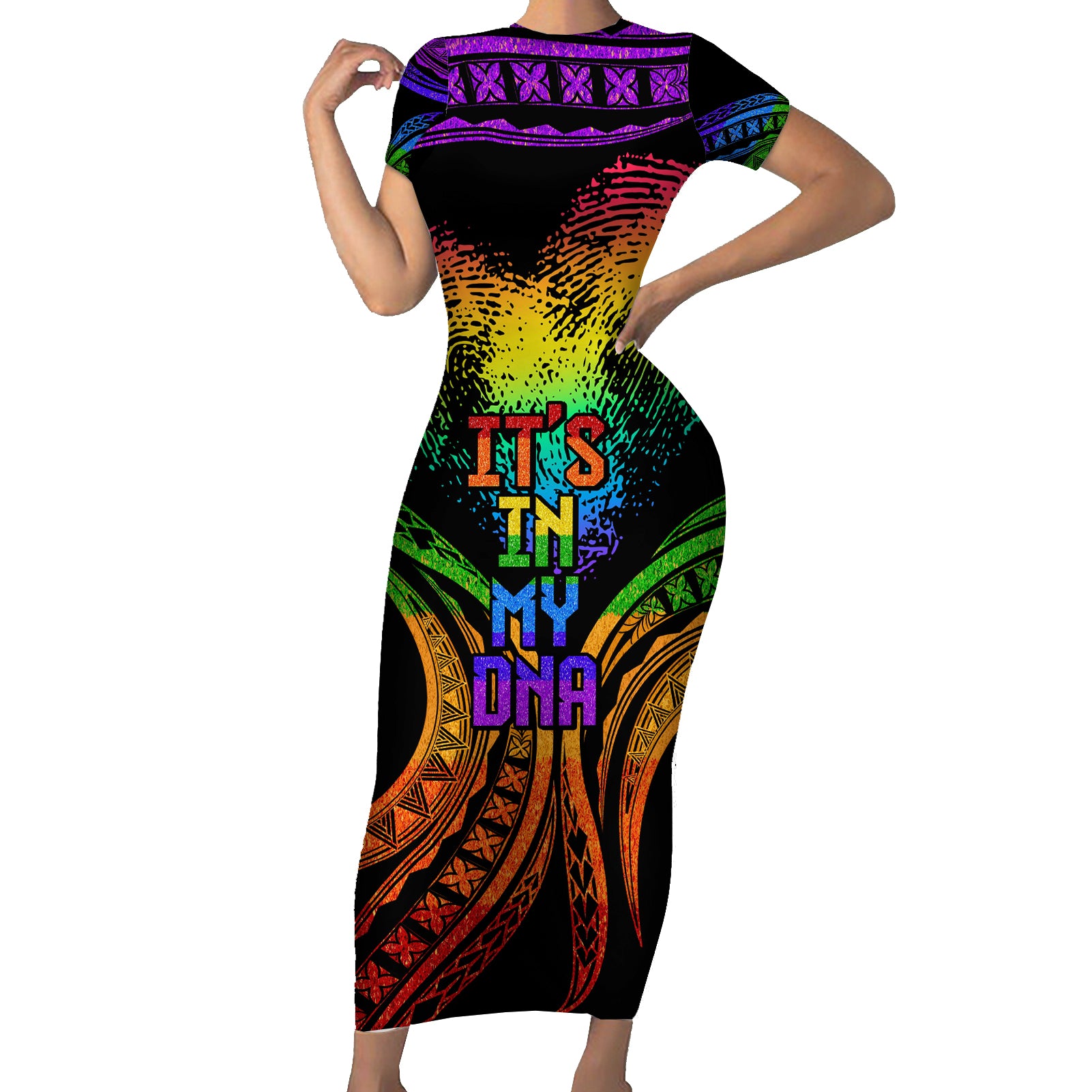 Personalised Its In My DNA Valentine Day Short Sleeve Bodycon Dress Fingerprint Heart with Color Pride Flag LT9 Long Dress - Polynesian Pride