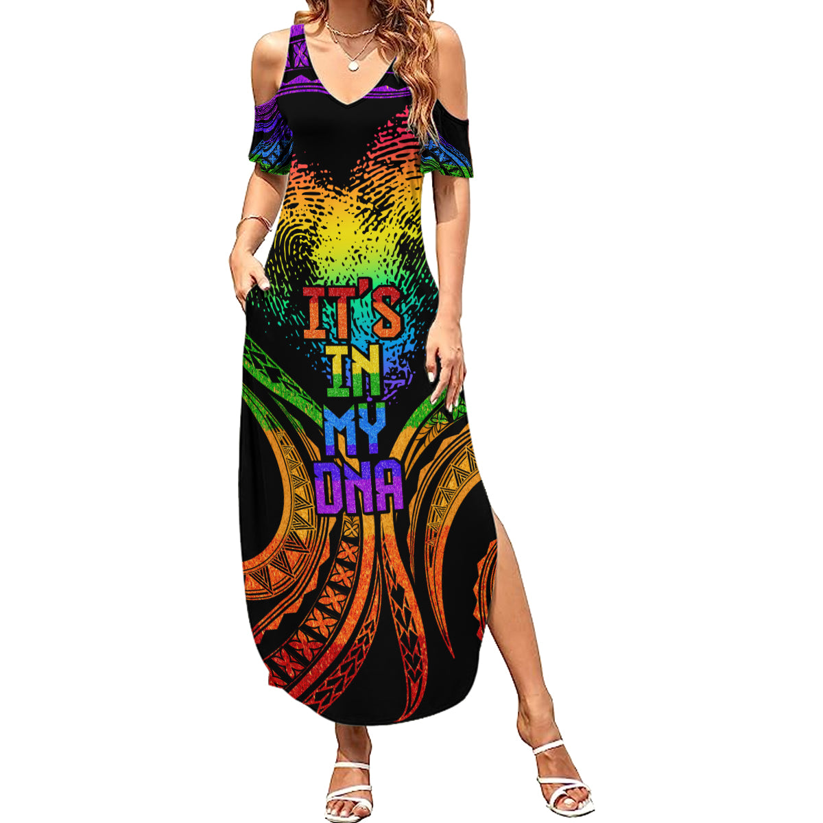 Personalised Its In My DNA Valentine Day Summer Maxi Dress Fingerprint Heart with Color Pride Flag LT9 Women - Polynesian Pride