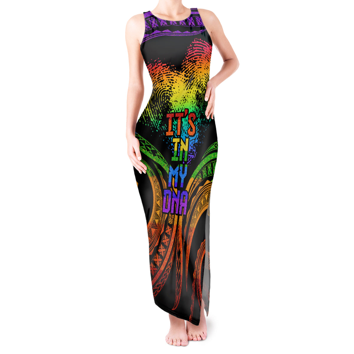 Personalised Its In My DNA Valentine Day Tank Maxi Dress Fingerprint Heart with Color Pride Flag LT9 Women - Polynesian Pride