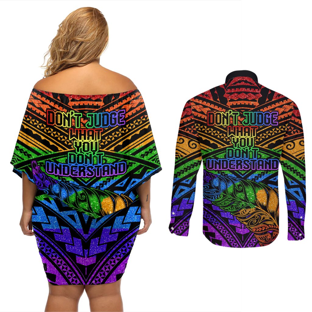 New Zealand LGBT Fern Heart Couples Matching Off Shoulder Short Dress and Long Sleeve Button Shirt Dont judge What You Dont Understand LT9 - Polynesian Pride