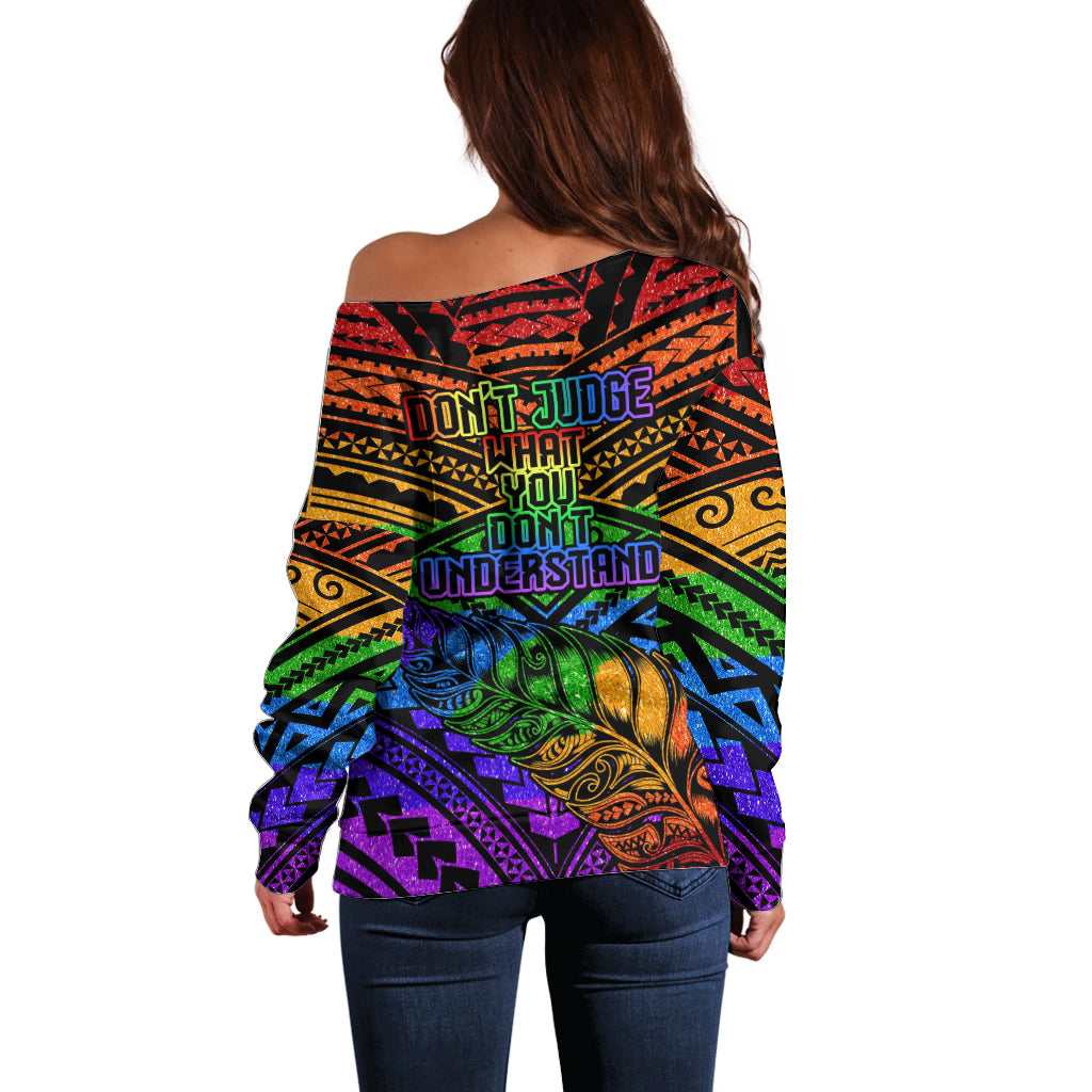 New Zealand LGBT Fern Heart Off Shoulder Sweater Dont judge What You Dont Understand LT9 - Polynesian Pride