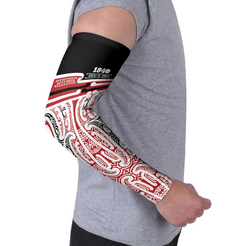 Personalised Toitu Te Tiriti Aotearoa 1840 Arm Sleeves Red Kowhaiwhai Puhoro LT9 - Polynesian Pride