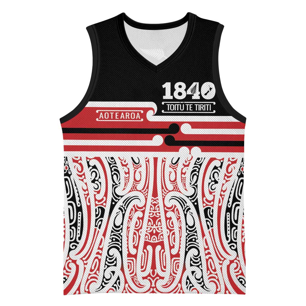 Personalised Toitu Te Tiriti Aotearoa 1840 Basketball Jersey Red Kowhaiwhai Puhoro - Polynesian Pride