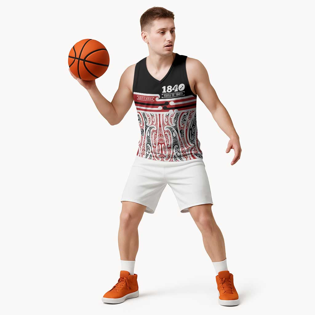 Personalised Toitu Te Tiriti Aotearoa 1840 Basketball Jersey Red Kowhaiwhai Puhoro LT9 - Polynesian Pride