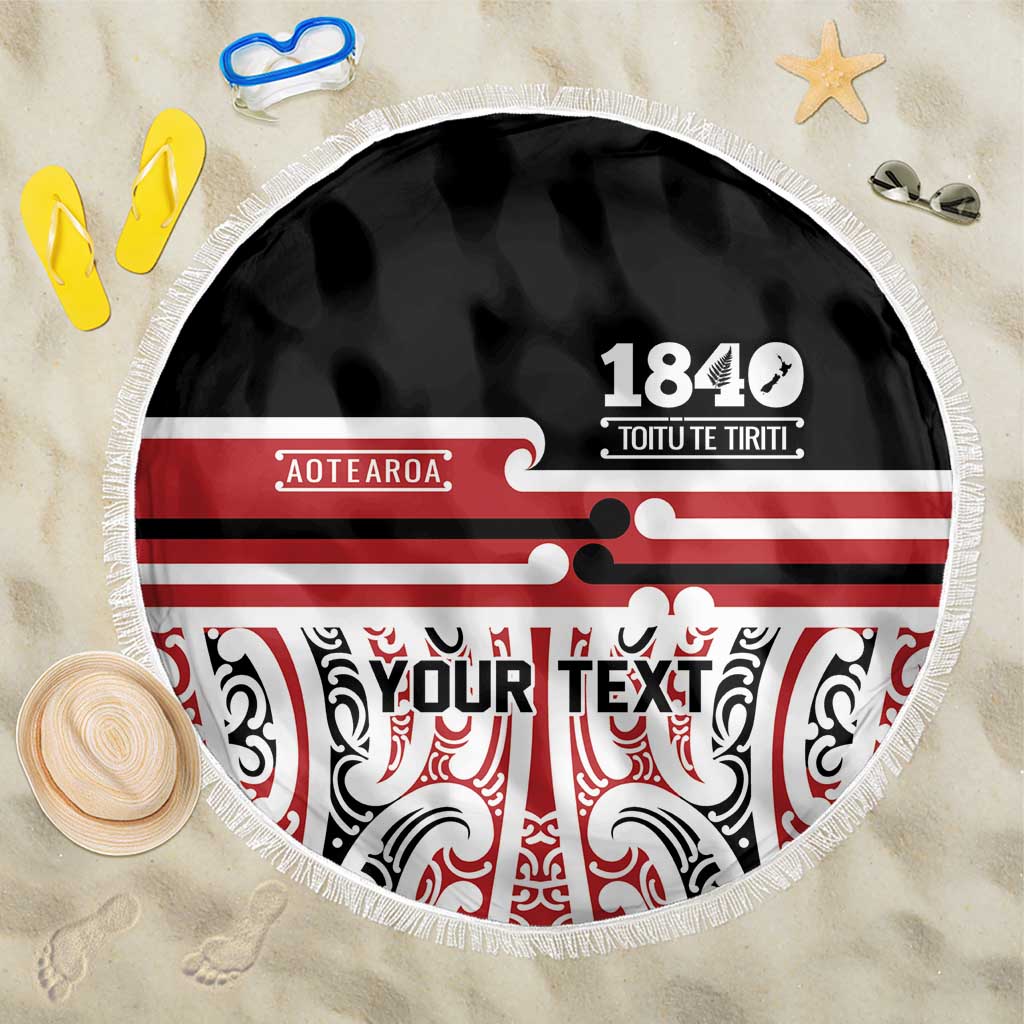 Personalised Toitu Te Tiriti Aotearoa 1840 Beach Blanket Red Kowhaiwhai Puhoro LT9 One Size 150cm Black - Polynesian Pride