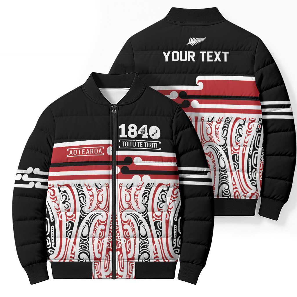 Personalised Toitu Te Tiriti Aotearoa 1840 Bomber Puffer Jacket Red Kowhaiwhai Puhoro LT9 - Polynesian Pride