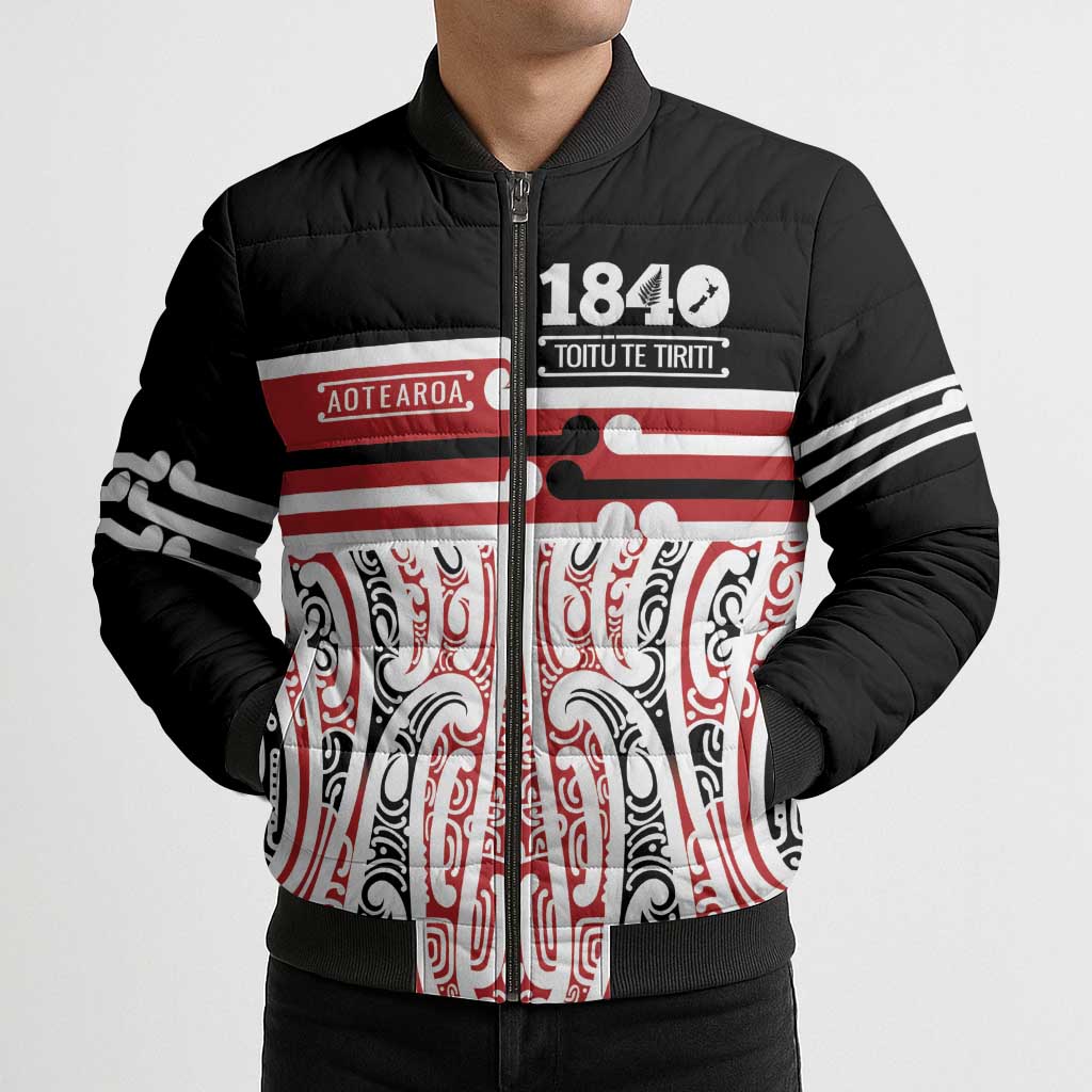 Personalised Toitu Te Tiriti Aotearoa 1840 Bomber Puffer Jacket Red Kowhaiwhai Puhoro LT9 - Polynesian Pride