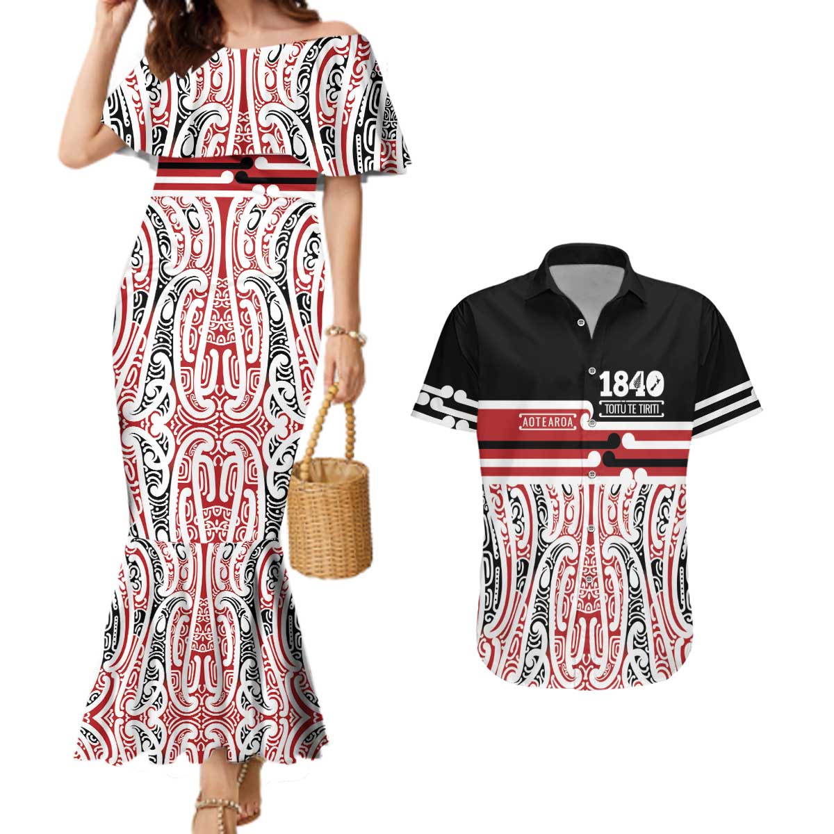 Personalised Toitu Te Tiriti Aotearoa 1840 Couples Matching Mermaid Dress and Hawaiian Shirt Red Kowhaiwhai Puhoro LT9 Black - Polynesian Pride
