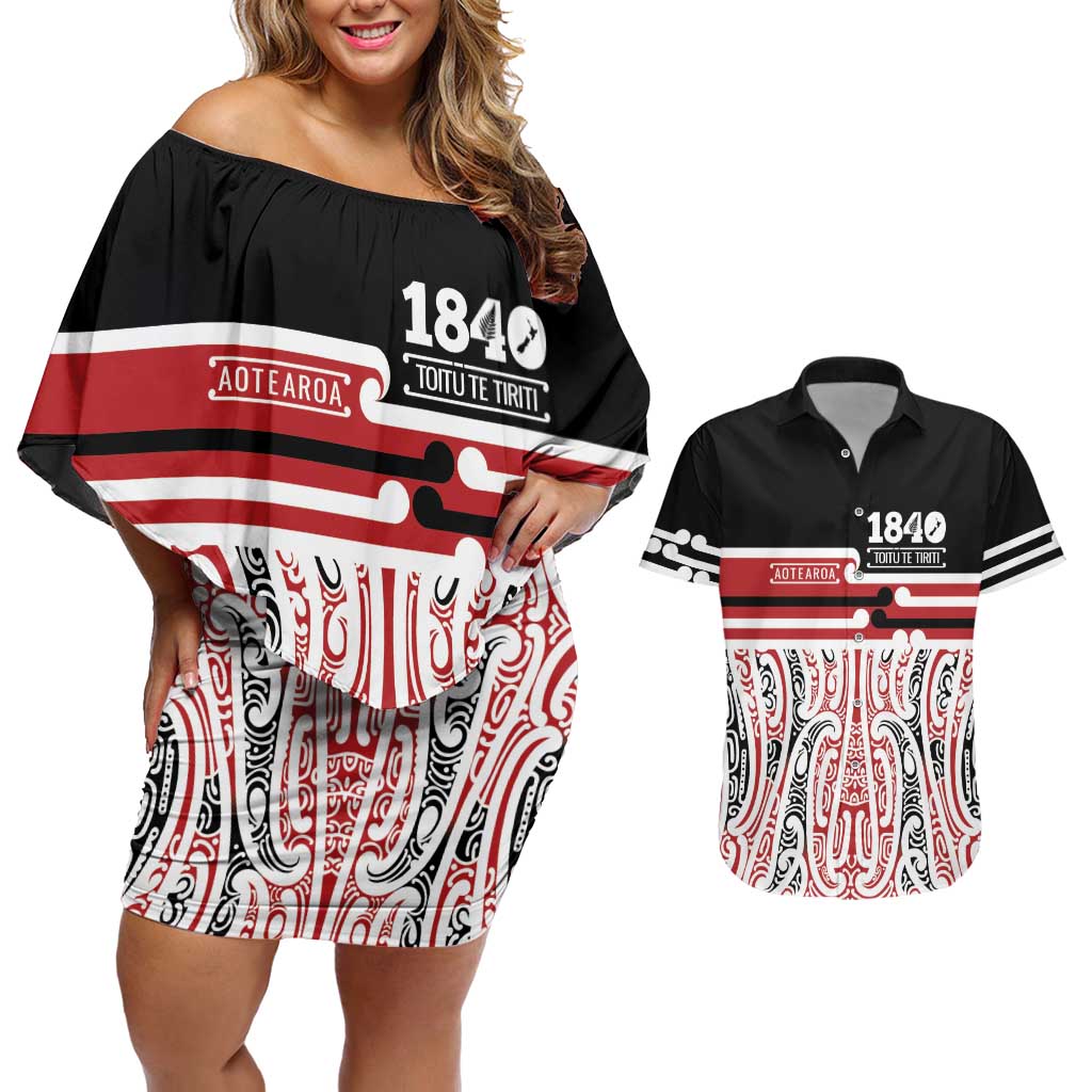 Personalised Toitu Te Tiriti Aotearoa 1840 Couples Matching Off Shoulder Short Dress and Hawaiian Shirt Red Kowhaiwhai Puhoro LT9 Black - Polynesian Pride