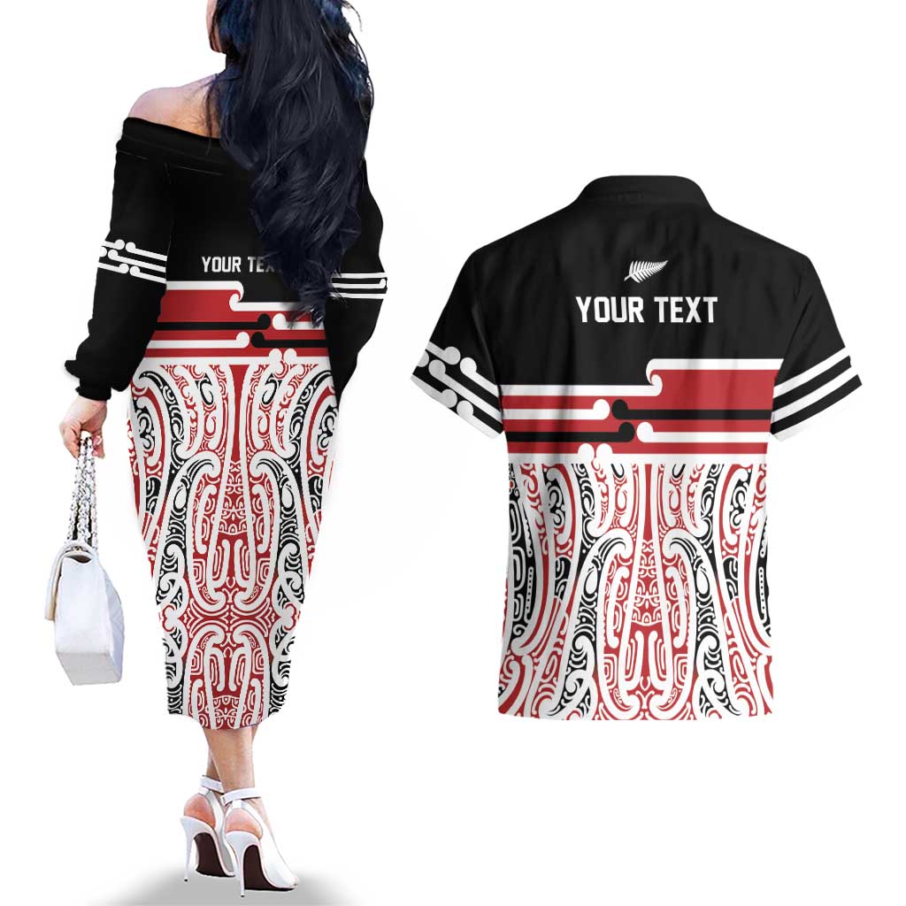 Personalised Toitu Te Tiriti Aotearoa 1840 Couples Matching Off The Shoulder Long Sleeve Dress and Hawaiian Shirt Red Kowhaiwhai Puhoro - Polynesian Pride