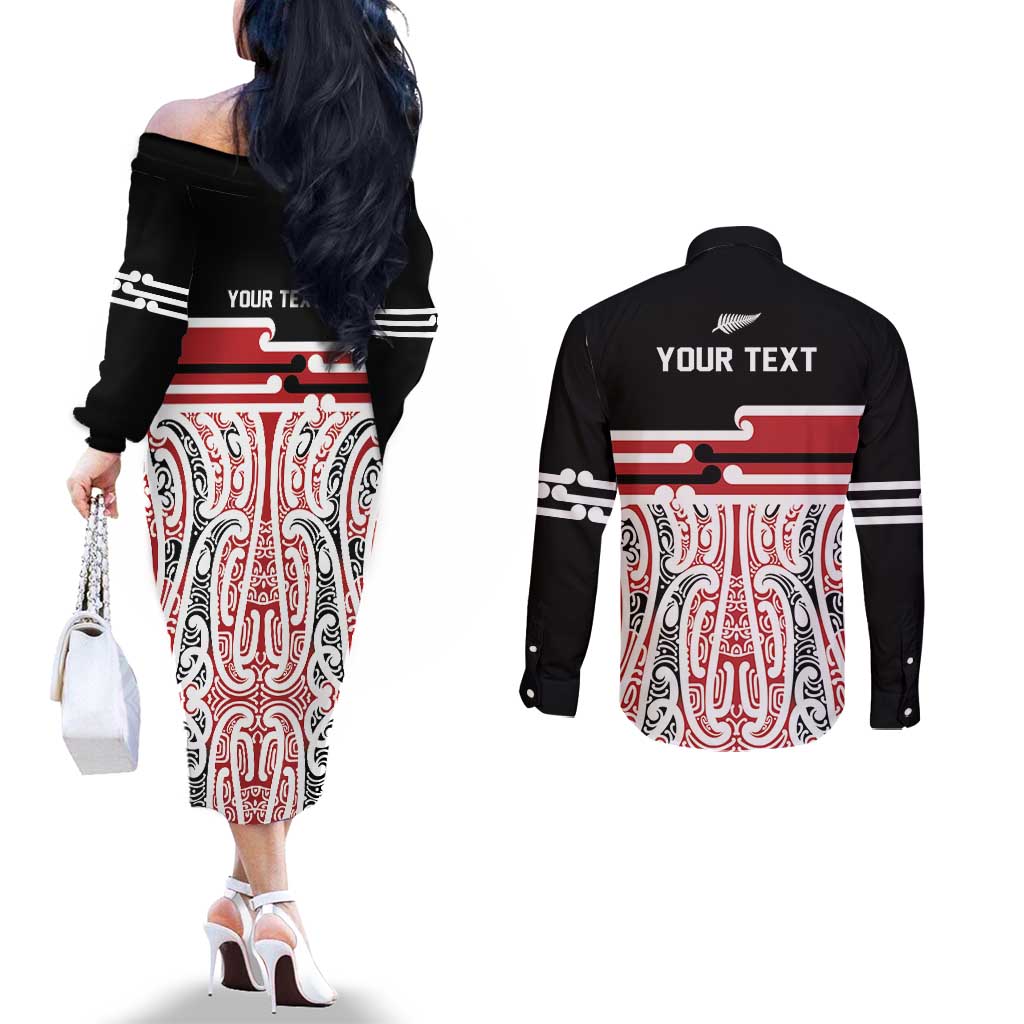 Personalised Toitu Te Tiriti Aotearoa 1840 Couples Matching Off The Shoulder Long Sleeve Dress and Long Sleeve Button Shirt Red Kowhaiwhai Puhoro - Polynesian Pride