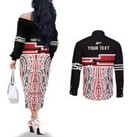 Personalised Toitu Te Tiriti Aotearoa 1840 Couples Matching Off The Shoulder Long Sleeve Dress and Long Sleeve Button Shirt Red Kowhaiwhai Puhoro - Polynesian Pride