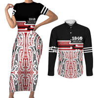 Personalised Toitu Te Tiriti Aotearoa 1840 Couples Matching Short Sleeve Bodycon Dress and Long Sleeve Button Shirt Red Kowhaiwhai Puhoro - Polynesian Pride