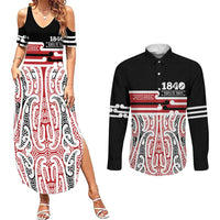 Personalised Toitu Te Tiriti Aotearoa 1840 Couples Matching Summer Maxi Dress and Long Sleeve Button Shirt Red Kowhaiwhai Puhoro - Polynesian Pride