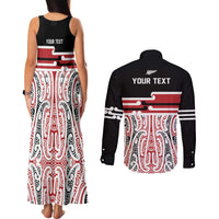 Personalised Toitu Te Tiriti Aotearoa 1840 Couples Matching Tank Maxi Dress and Long Sleeve Button Shirt Red Kowhaiwhai Puhoro - Polynesian Pride