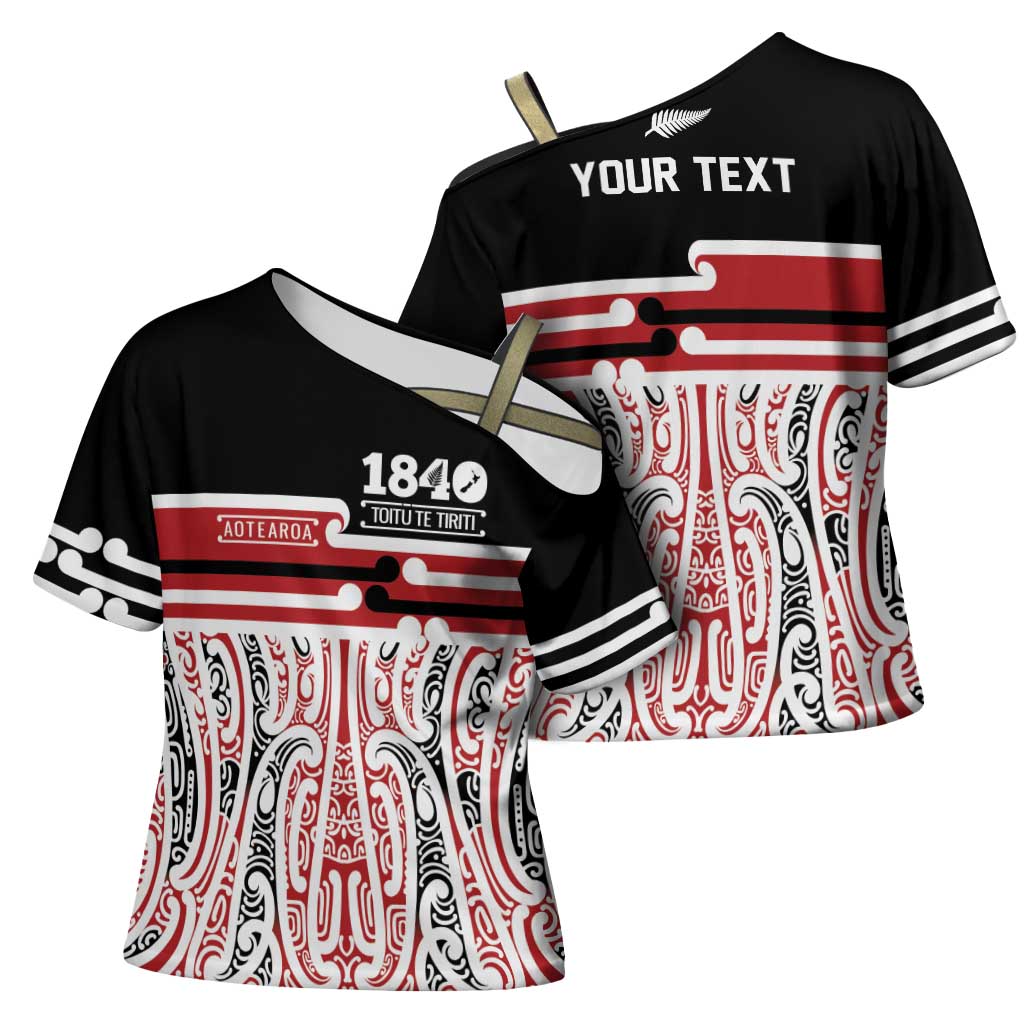 Personalised Toitu Te Tiriti Aotearoa 1840 Cross Shoulder Shirt Red Kowhaiwhai Puhoro LT9 - Polynesian Pride