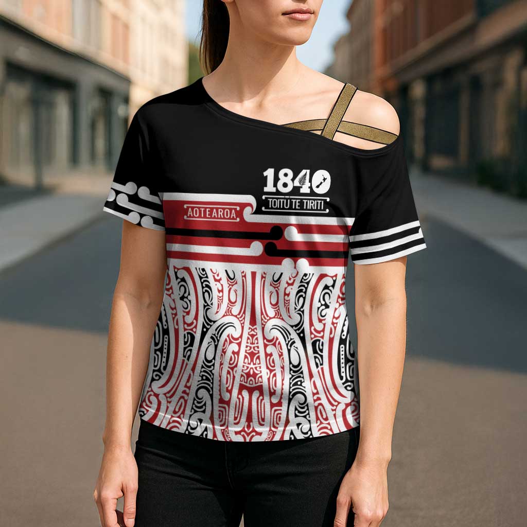 Personalised Toitu Te Tiriti Aotearoa 1840 Cross Shoulder Shirt Red Kowhaiwhai Puhoro LT9 - Polynesian Pride