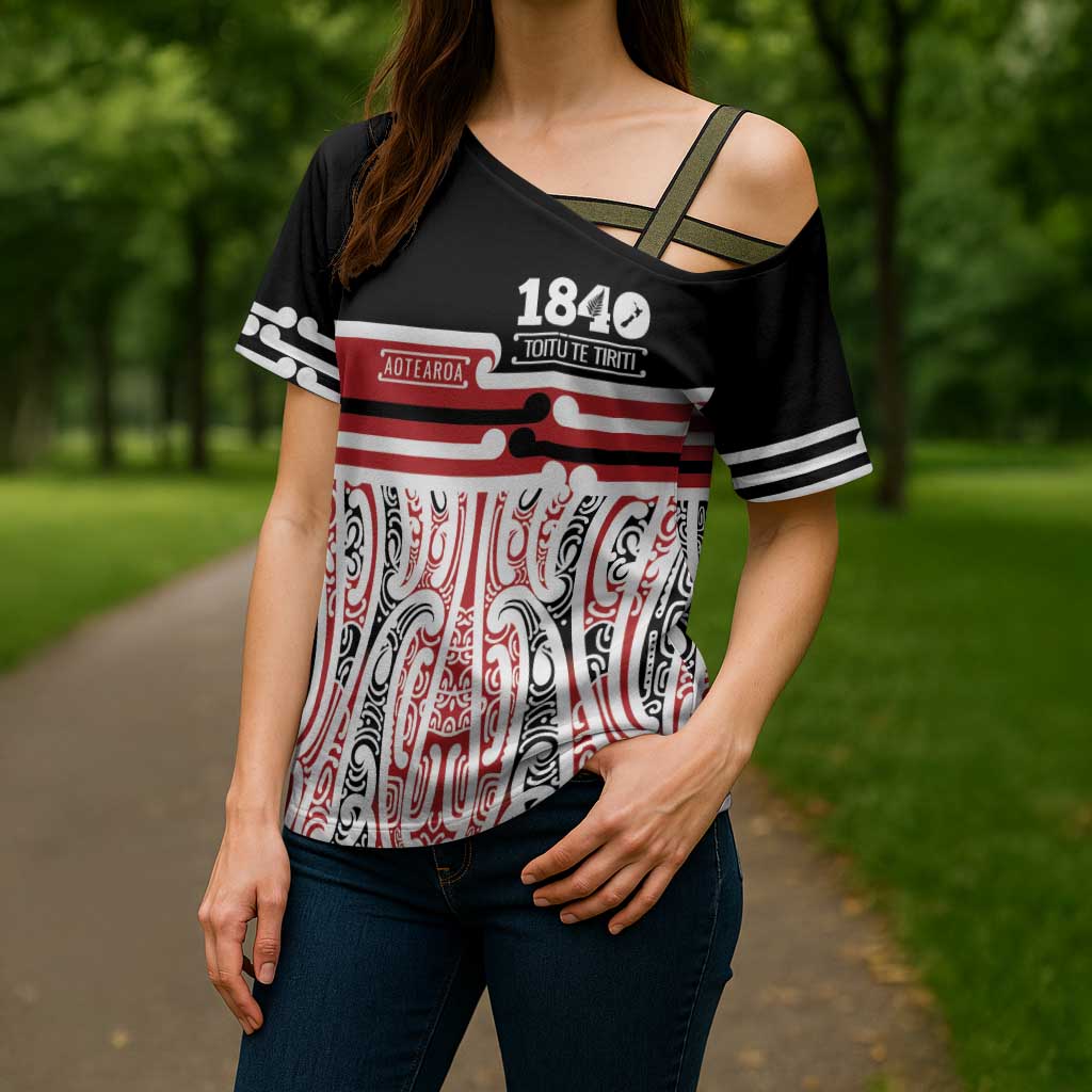 Personalised Toitu Te Tiriti Aotearoa 1840 Cross Shoulder Shirt Red Kowhaiwhai Puhoro LT9 - Polynesian Pride