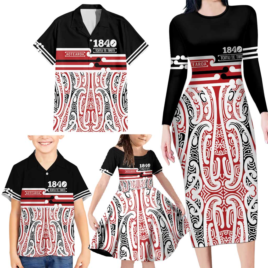 Personalised Toitu Te Tiriti Aotearoa 1840 Family Matching Long Sleeve Bodycon Dress and Hawaiian Shirt Red Kowhaiwhai Puhoro - Polynesian Pride