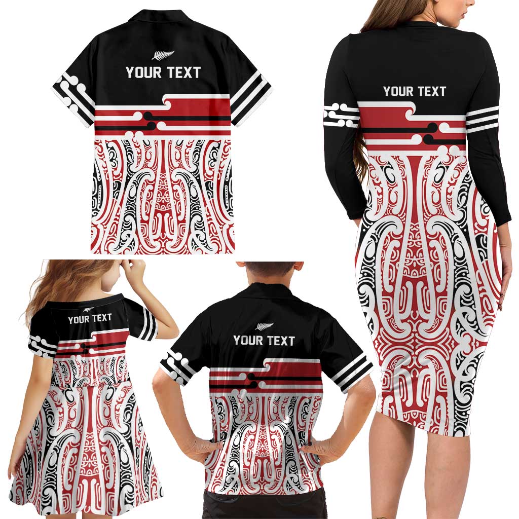 Personalised Toitu Te Tiriti Aotearoa 1840 Family Matching Long Sleeve Bodycon Dress and Hawaiian Shirt Red Kowhaiwhai Puhoro - Polynesian Pride