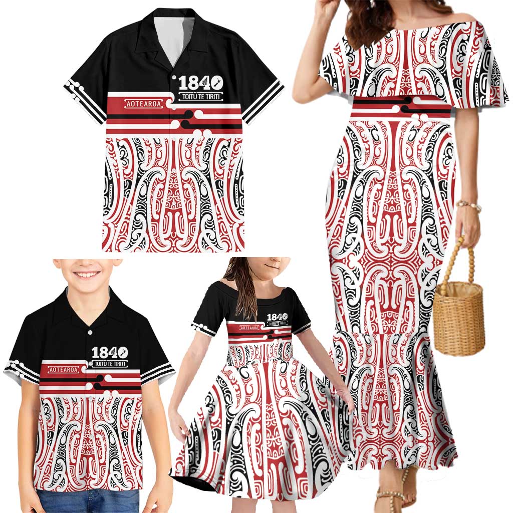 Personalised Toitu Te Tiriti Aotearoa 1840 Family Matching Mermaid Dress and Hawaiian Shirt Red Kowhaiwhai Puhoro - Polynesian Pride