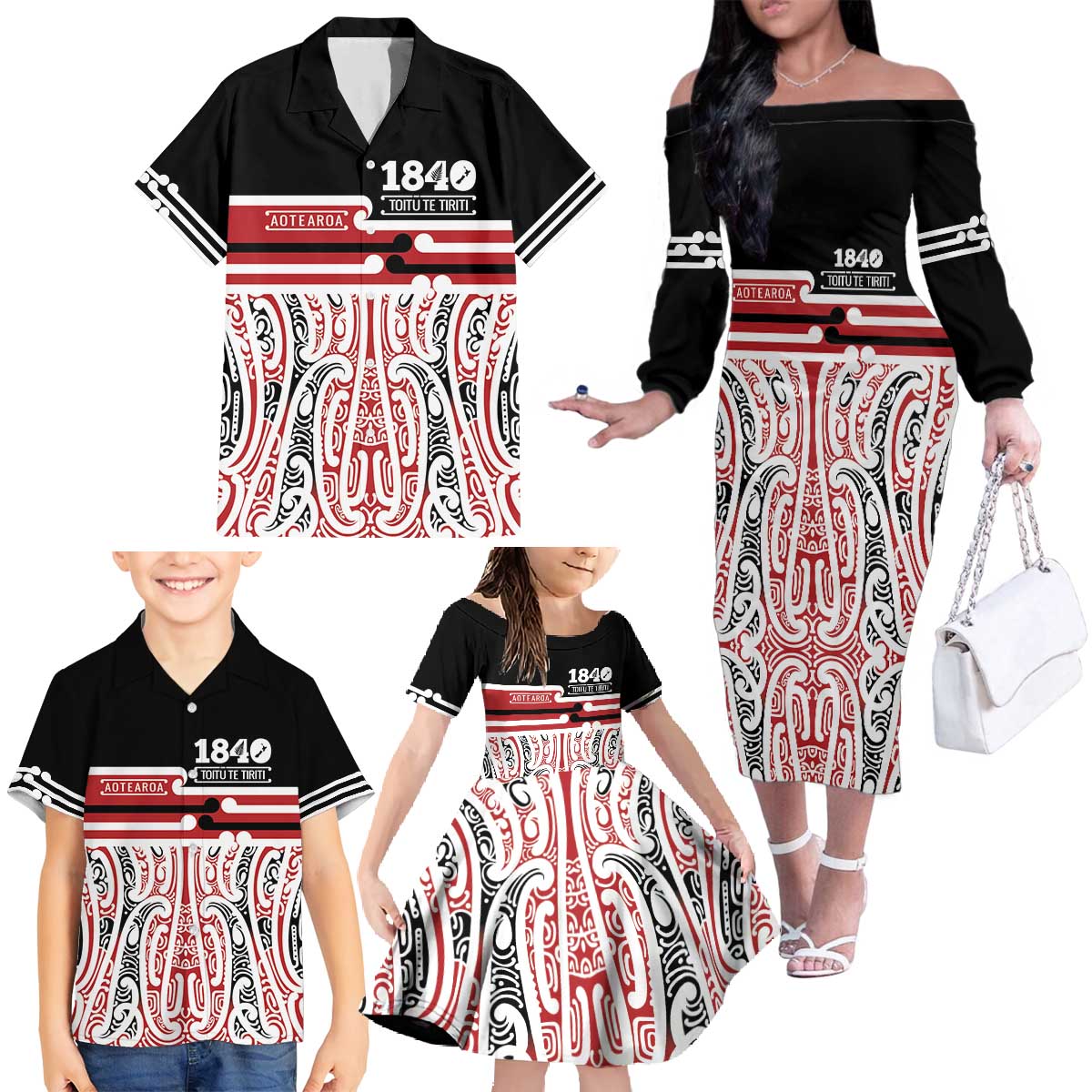 Personalised Toitu Te Tiriti Aotearoa 1840 Family Matching Off The Shoulder Long Sleeve Dress and Hawaiian Shirt Red Kowhaiwhai Puhoro - Polynesian Pride