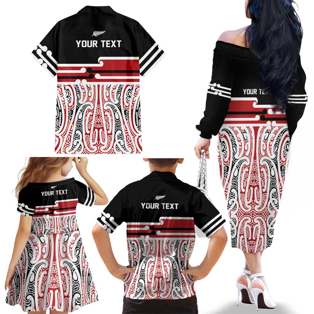 Personalised Toitu Te Tiriti Aotearoa 1840 Family Matching Off The Shoulder Long Sleeve Dress and Hawaiian Shirt Red Kowhaiwhai Puhoro - Polynesian Pride