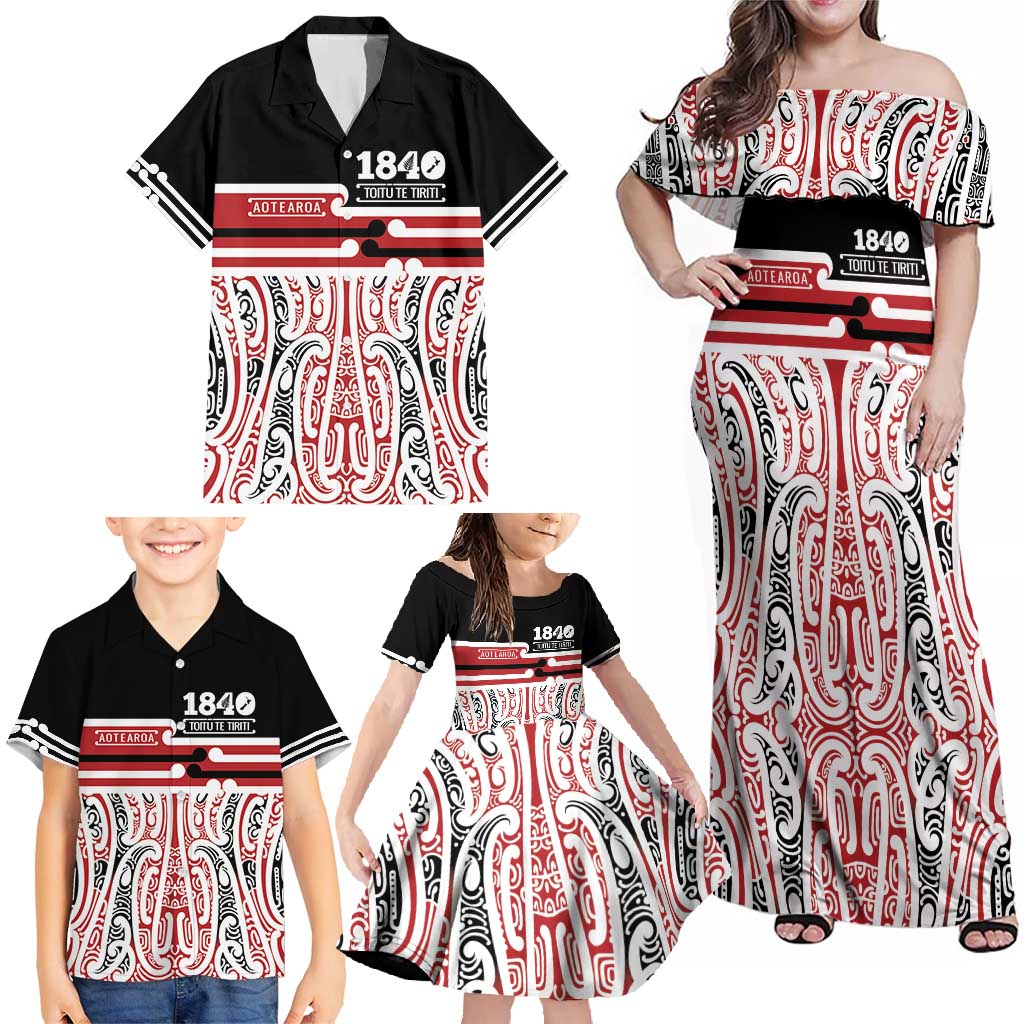 Personalised Toitu Te Tiriti Aotearoa 1840 Family Matching Off Shoulder Maxi Dress and Hawaiian Shirt Red Kowhaiwhai Puhoro - Polynesian Pride