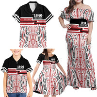 Personalised Toitu Te Tiriti Aotearoa 1840 Family Matching Off Shoulder Maxi Dress and Hawaiian Shirt Red Kowhaiwhai Puhoro - Polynesian Pride