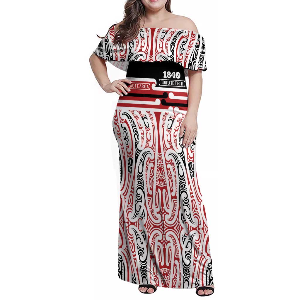Personalised Toitu Te Tiriti Aotearoa 1840 Family Matching Off Shoulder Maxi Dress and Hawaiian Shirt Red Kowhaiwhai Puhoro - Polynesian Pride