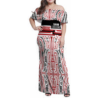 Personalised Toitu Te Tiriti Aotearoa 1840 Family Matching Off Shoulder Maxi Dress and Hawaiian Shirt Red Kowhaiwhai Puhoro - Polynesian Pride