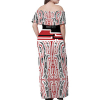 Personalised Toitu Te Tiriti Aotearoa 1840 Family Matching Off Shoulder Maxi Dress and Hawaiian Shirt Red Kowhaiwhai Puhoro - Polynesian Pride