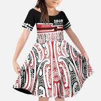 Personalised Toitu Te Tiriti Aotearoa 1840 Family Matching Off Shoulder Short Dress and Hawaiian Shirt Red Kowhaiwhai Puhoro - Polynesian Pride