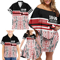 Personalised Toitu Te Tiriti Aotearoa 1840 Family Matching Off Shoulder Short Dress and Hawaiian Shirt Red Kowhaiwhai Puhoro - Polynesian Pride