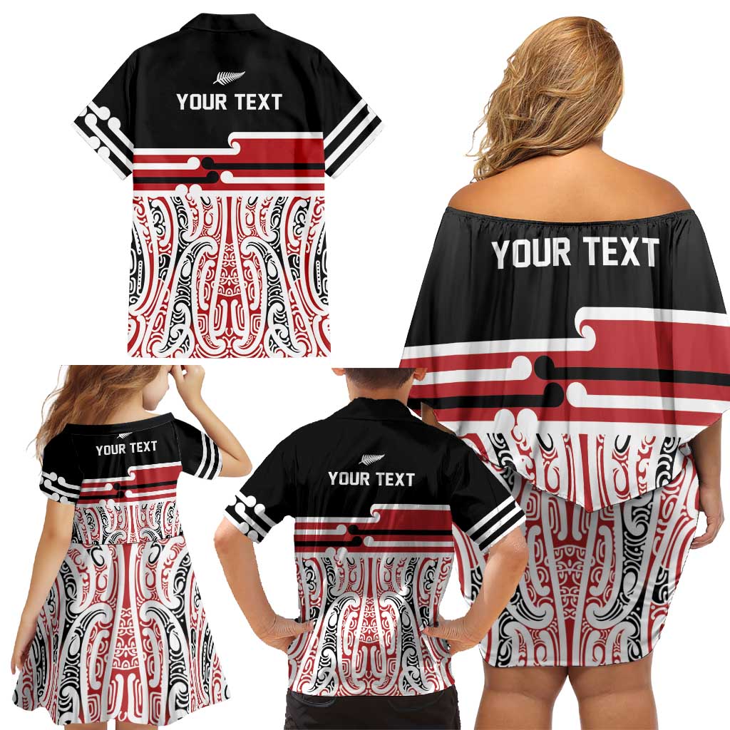 Personalised Toitu Te Tiriti Aotearoa 1840 Family Matching Off Shoulder Short Dress and Hawaiian Shirt Red Kowhaiwhai Puhoro - Polynesian Pride