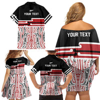 Personalised Toitu Te Tiriti Aotearoa 1840 Family Matching Off Shoulder Short Dress and Hawaiian Shirt Red Kowhaiwhai Puhoro - Polynesian Pride