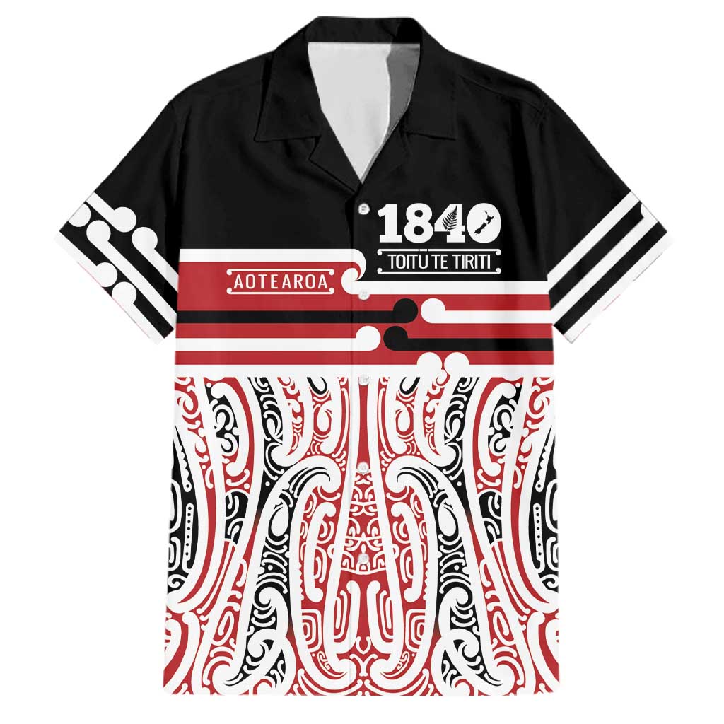 Personalised Toitu Te Tiriti Aotearoa 1840 Family Matching Off Shoulder Short Dress and Hawaiian Shirt Red Kowhaiwhai Puhoro - Polynesian Pride