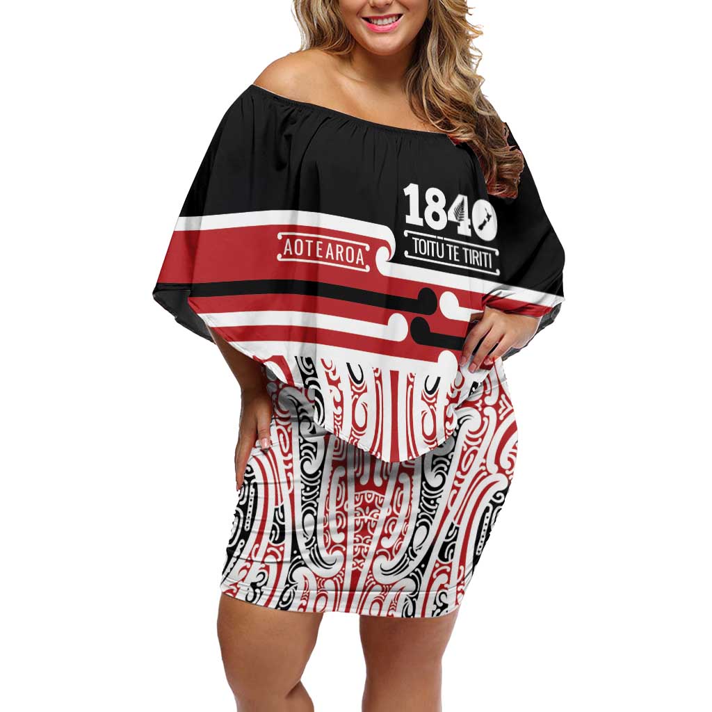Personalised Toitu Te Tiriti Aotearoa 1840 Family Matching Off Shoulder Short Dress and Hawaiian Shirt Red Kowhaiwhai Puhoro - Polynesian Pride