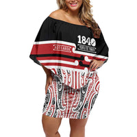 Personalised Toitu Te Tiriti Aotearoa 1840 Family Matching Off Shoulder Short Dress and Hawaiian Shirt Red Kowhaiwhai Puhoro - Polynesian Pride