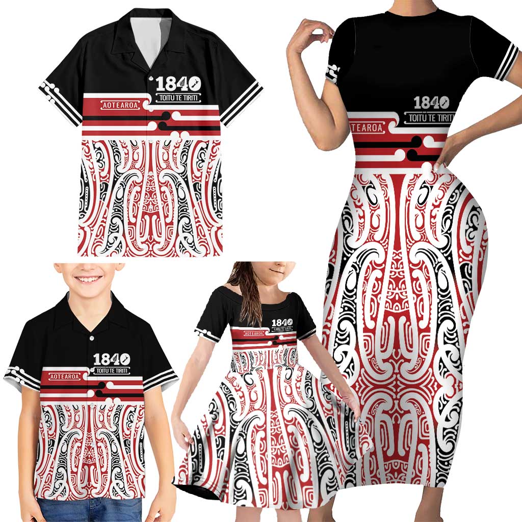 Personalised Toitu Te Tiriti Aotearoa 1840 Family Matching Short Sleeve Bodycon Dress and Hawaiian Shirt Red Kowhaiwhai Puhoro - Polynesian Pride