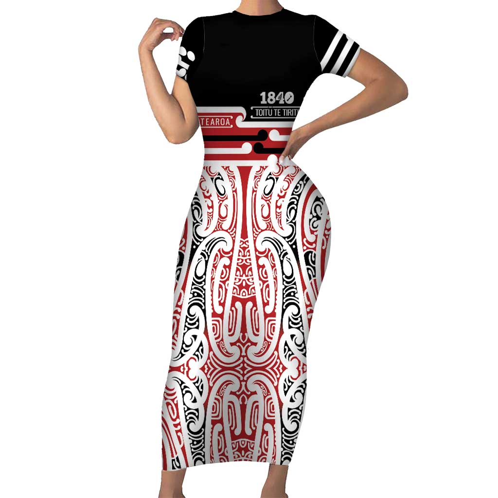 Personalised Toitu Te Tiriti Aotearoa 1840 Family Matching Short Sleeve Bodycon Dress and Hawaiian Shirt Red Kowhaiwhai Puhoro - Polynesian Pride